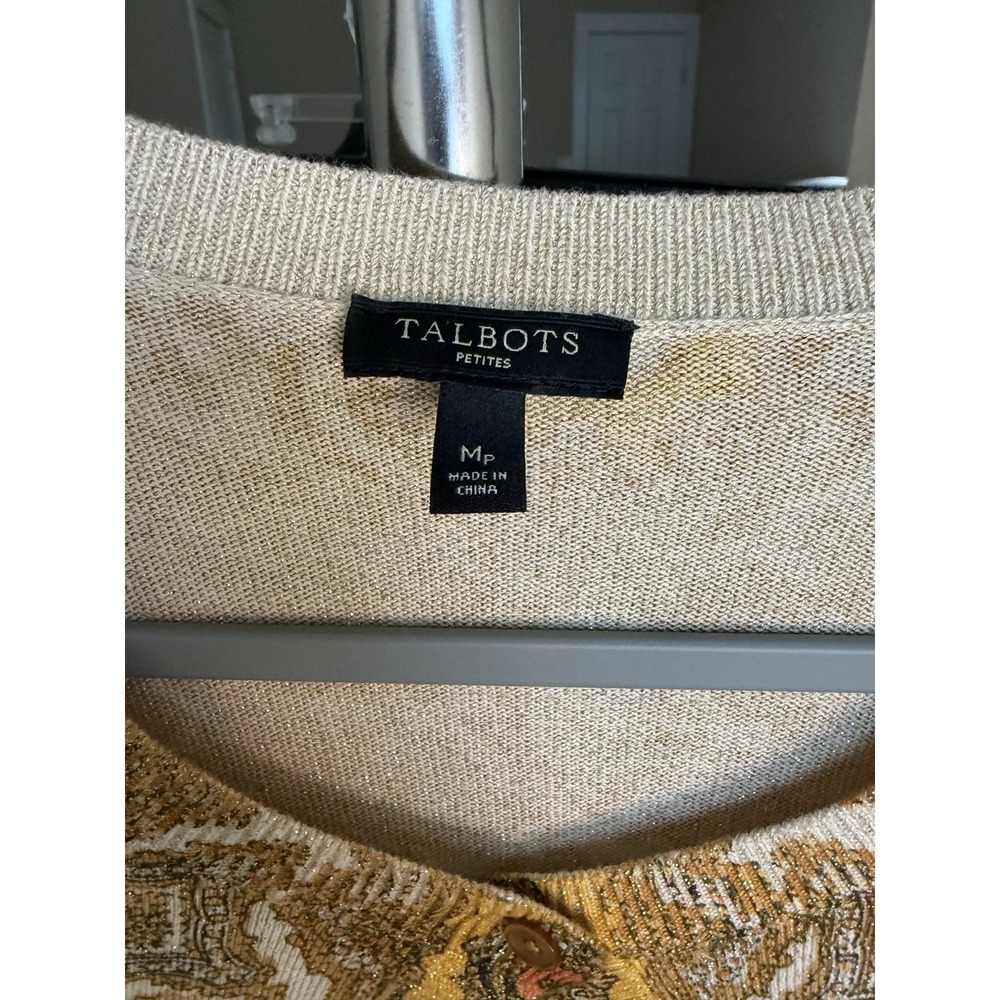 Talbots Petite Gold Metallic Paisley Cardigan Sweater Size M/P - Picture 4 of 8